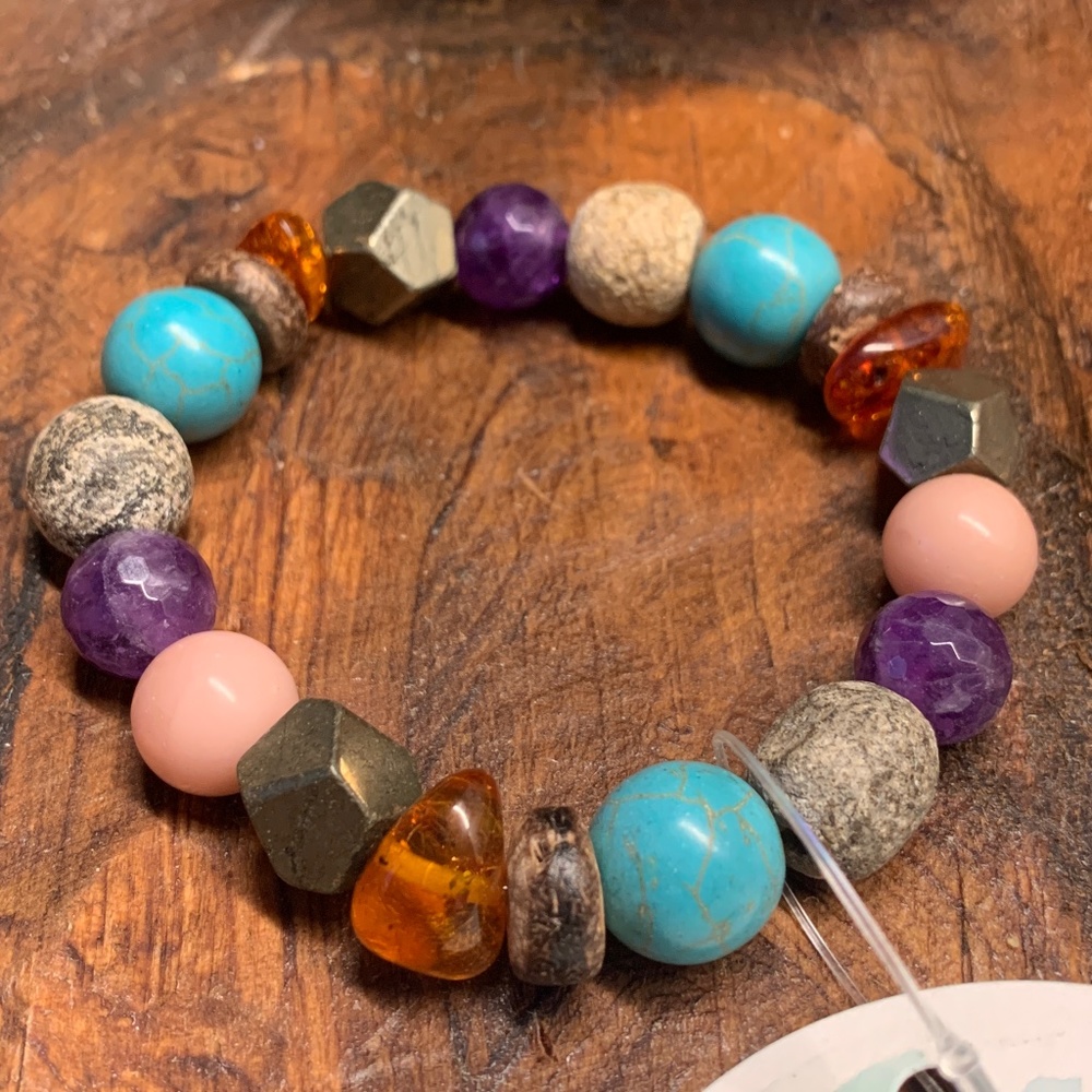 Genuine Pink Opal, Amber, Pyrite, Howlite and Amethyst